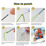 Six steps showing how to thread and use the punch needle