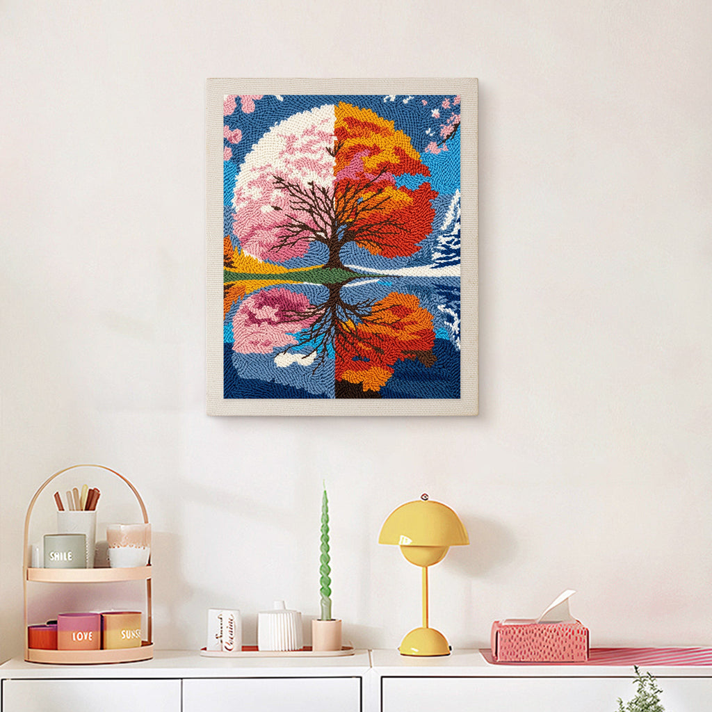 Finished Seasons Tree Mirror punch needle canvas on a wall