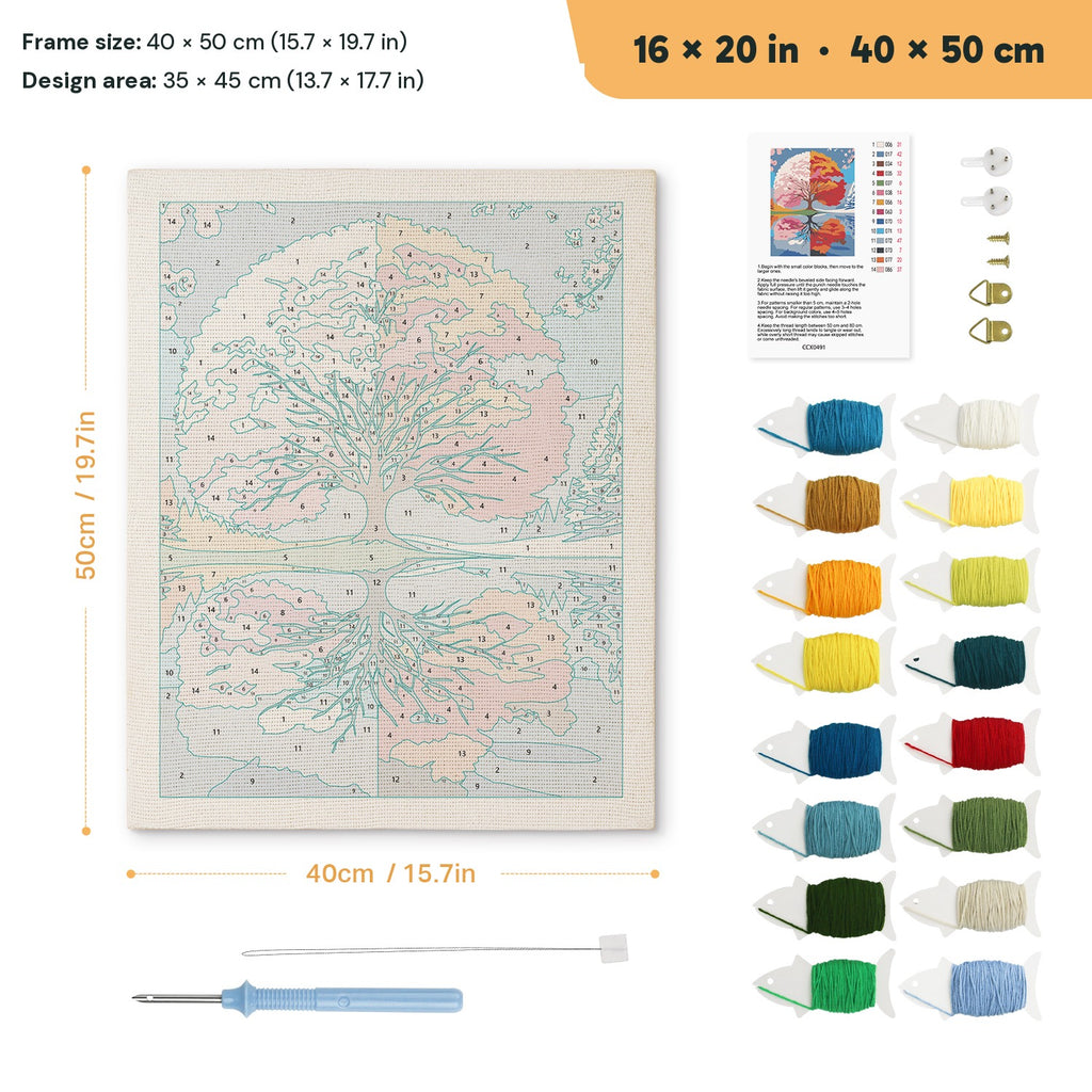 Seasons Tree Mirror punch needle kit, 16 × 20 in (40 × 50 cm): canvas size and kit contents