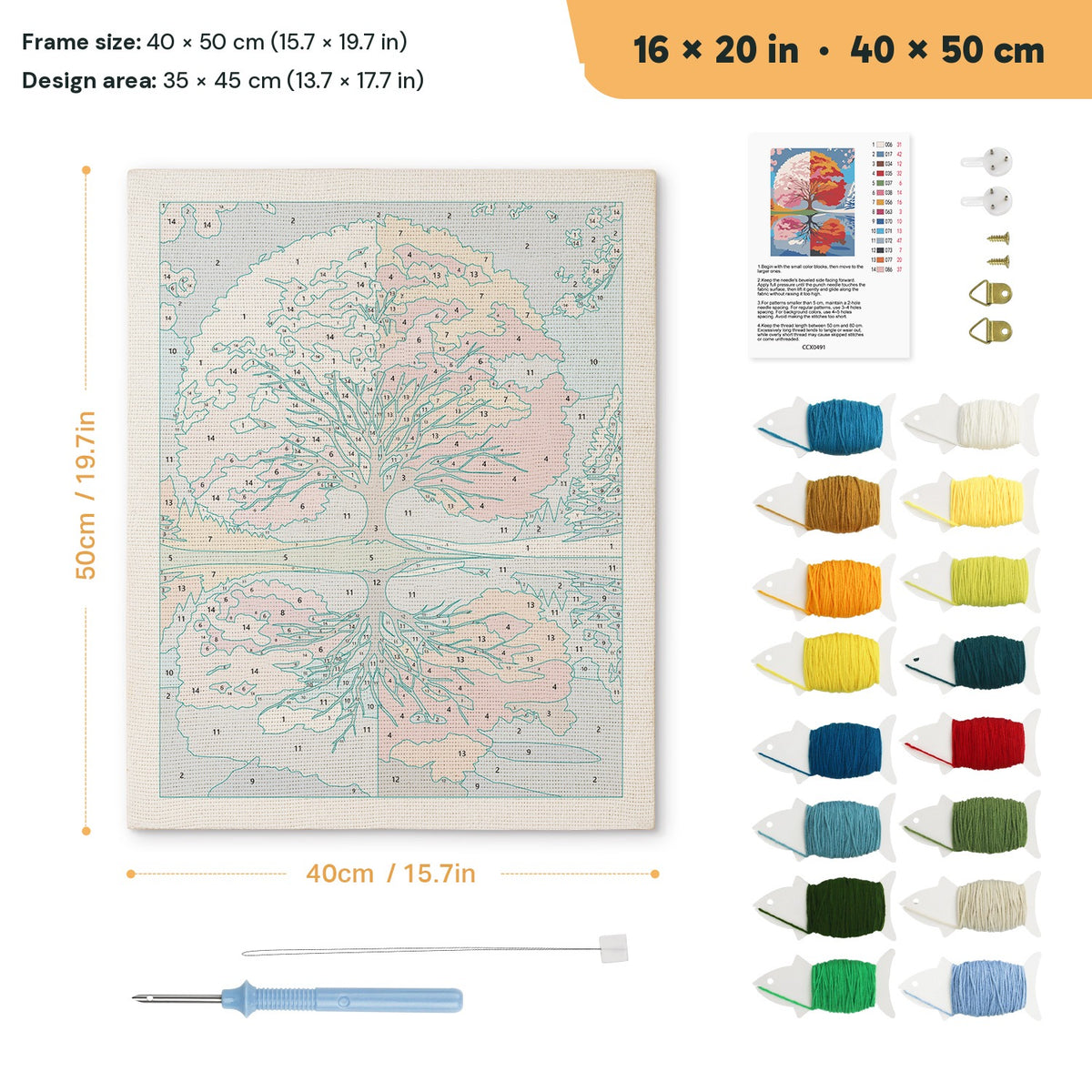 Seasons Tree Mirror punch needle kit, 16 × 20 in (40 × 50 cm): canvas size and kit contents