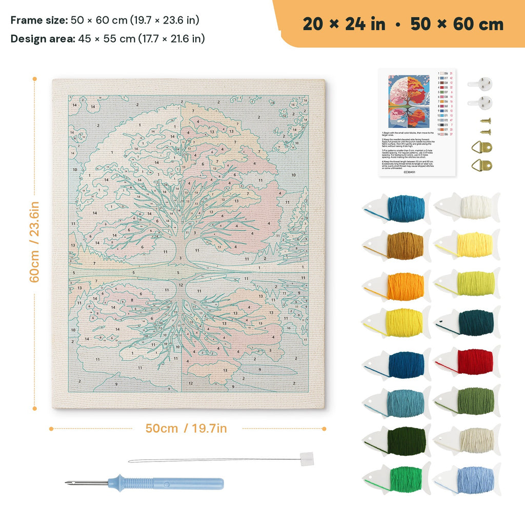 Seasons Tree Mirror punch needle kit, 20 × 24 in (50 × 60 cm): canvas size and kit contents