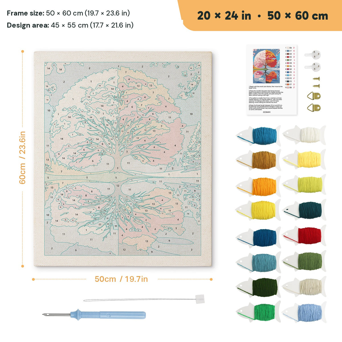 Seasons Tree Mirror punch needle kit, 20 × 24 in (50 × 60 cm): canvas size and kit contents