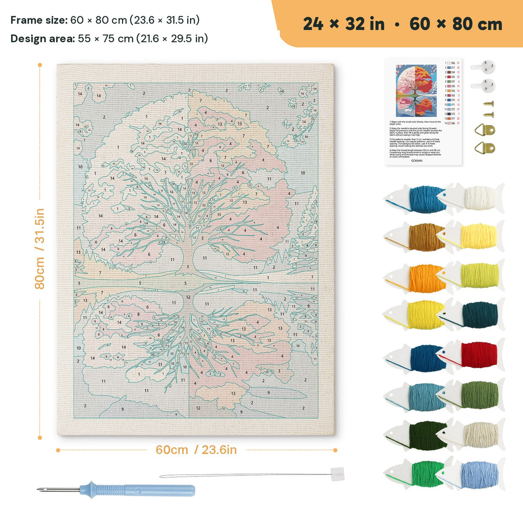 Seasons Tree Mirror punch needle kit, 24 × 32 in (60 × 80 cm): canvas size and kit contents