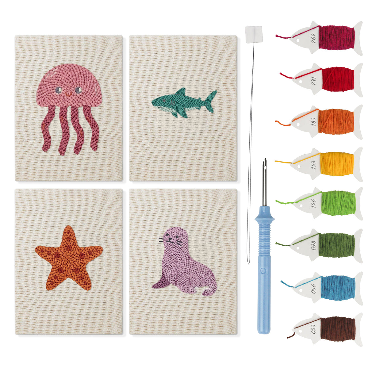 Shark and Seal mini punch needle kit set: four finished canvases with threads, punch needle and threader