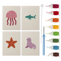 Shark and Seal mini punch needle kit set: four finished canvases with threads, punch needle and threader