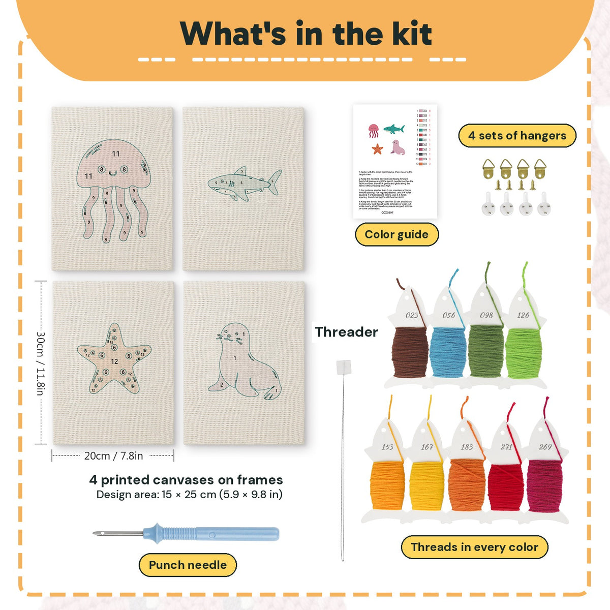 What is in the Shark and Seal set, 8 × 12 in (20 × 30 cm) each: 4 printed canvases, punch needle, threader, threads, color guide and 4 sets of hangers