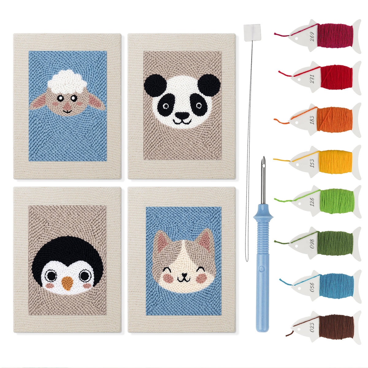 Sheep and Panda mini punch needle kit set: four finished canvases with threads, punch needle and threader