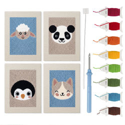 Sheep and Panda mini punch needle kit set: four finished canvases with threads, punch needle and threader