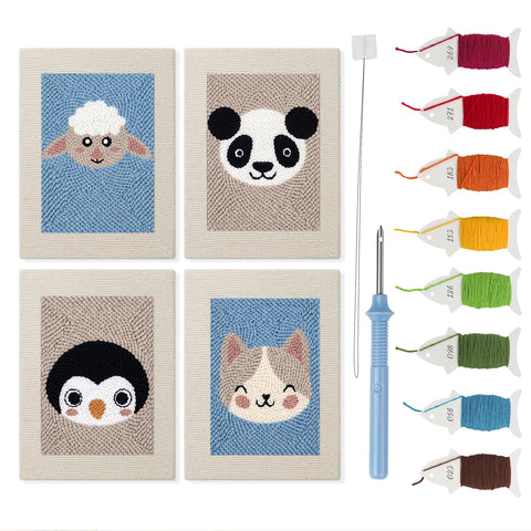 Sheep and Panda mini punch needle kit set: four finished canvases with threads, punch needle and threader