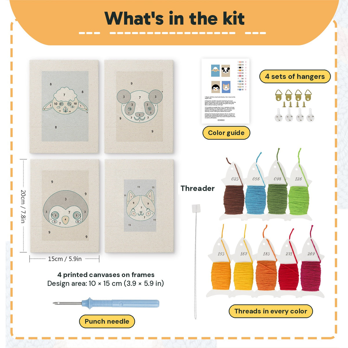 What is in the Sheep and Panda set: 4 printed canvases, punch needle, threader, threads, color guide and 4 sets of hangers (6 × 8 in (15 × 20 cm) each)