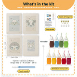 What is in the Sheep and Panda set: 4 printed canvases, punch needle, threader, threads, color guide and 4 sets of hangers (6 × 8 in (15 × 20 cm) each)
