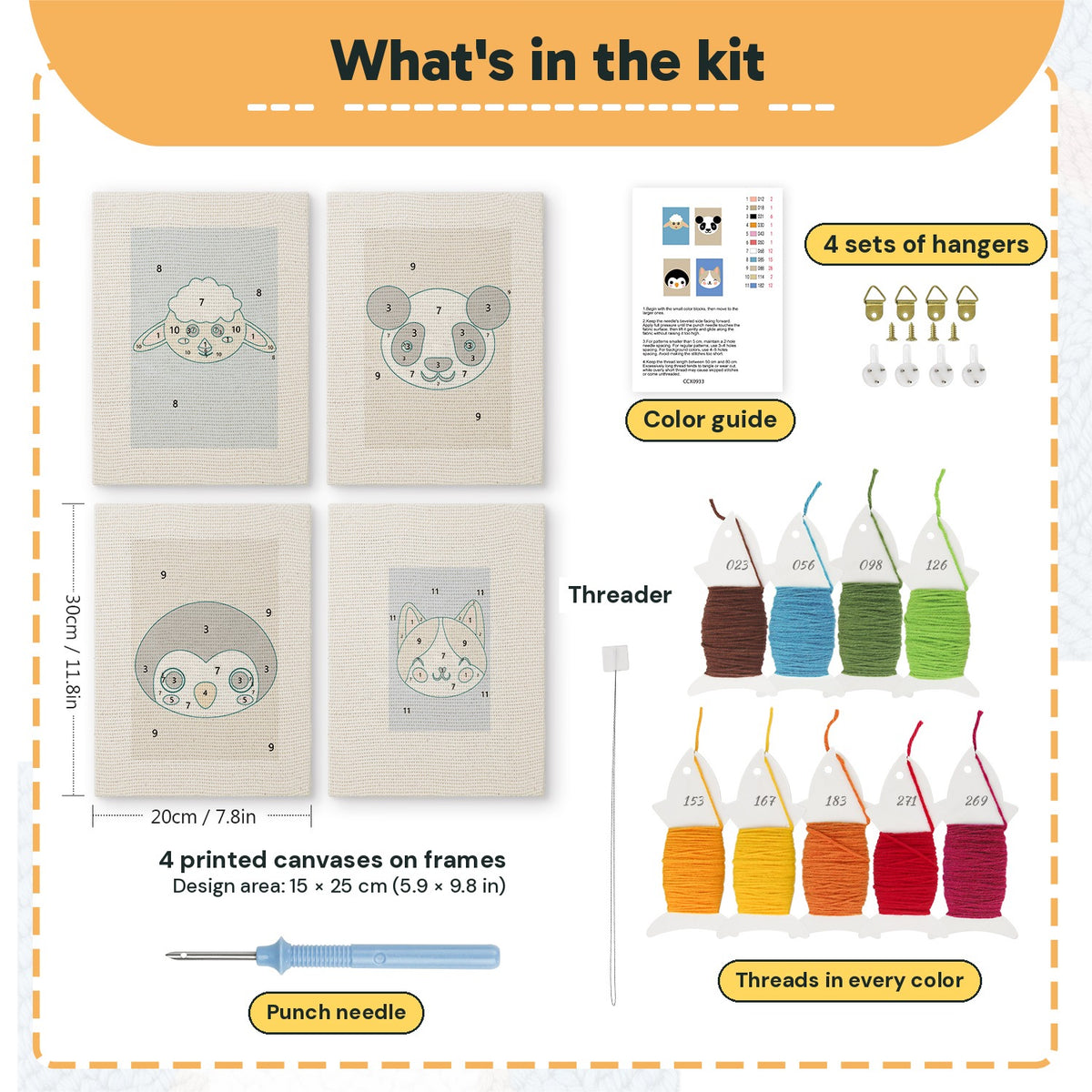 What is in the Sheep and Panda set, 8 × 12 in (20 × 30 cm) each: 4 printed canvases, punch needle, threader, threads, color guide and 4 sets of hangers