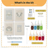 What is in the Sheep and Panda set, 8 × 12 in (20 × 30 cm) each: 4 printed canvases, punch needle, threader, threads, color guide and 4 sets of hangers