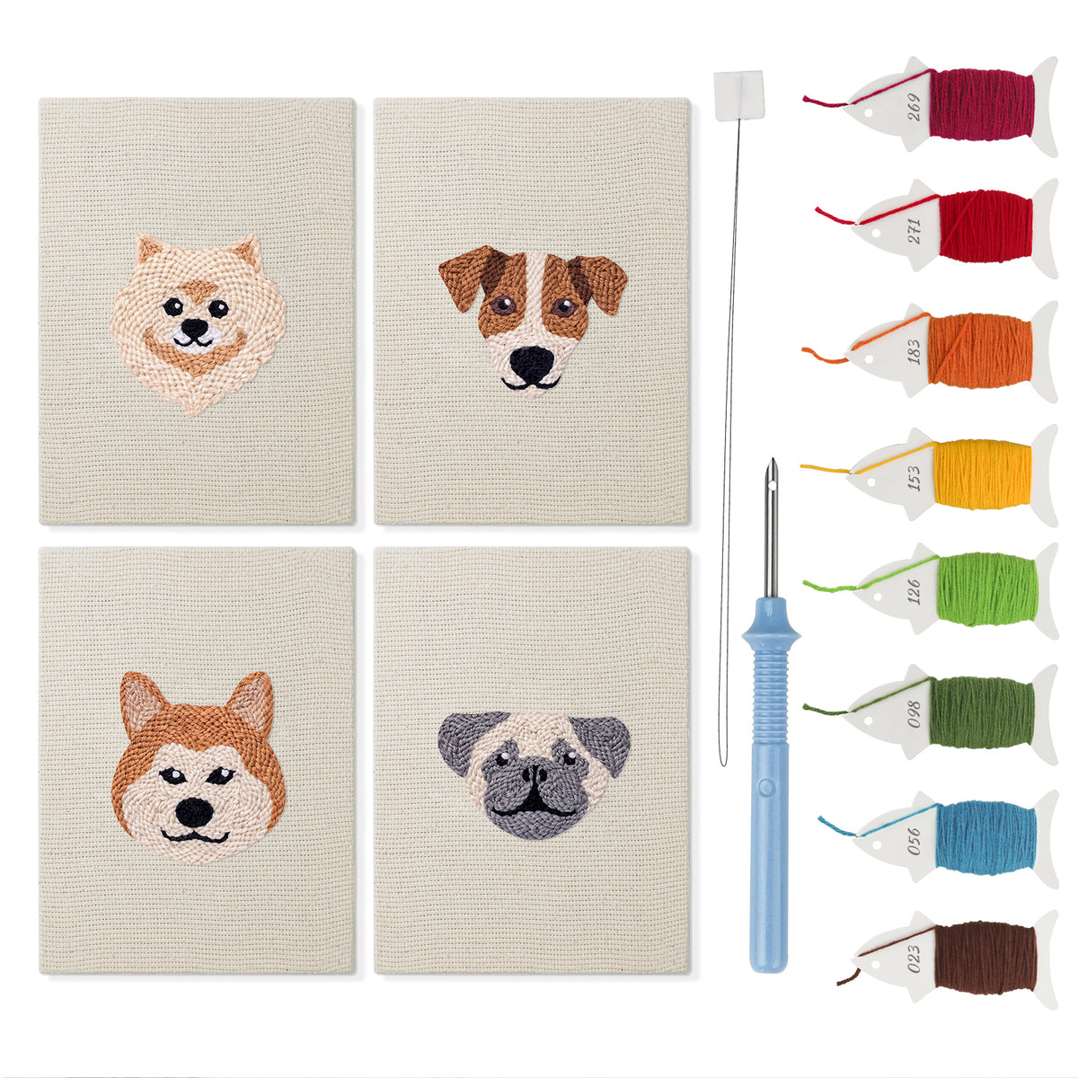 Shiba and Pals mini punch needle kit set: four finished canvases with threads, punch needle and threader