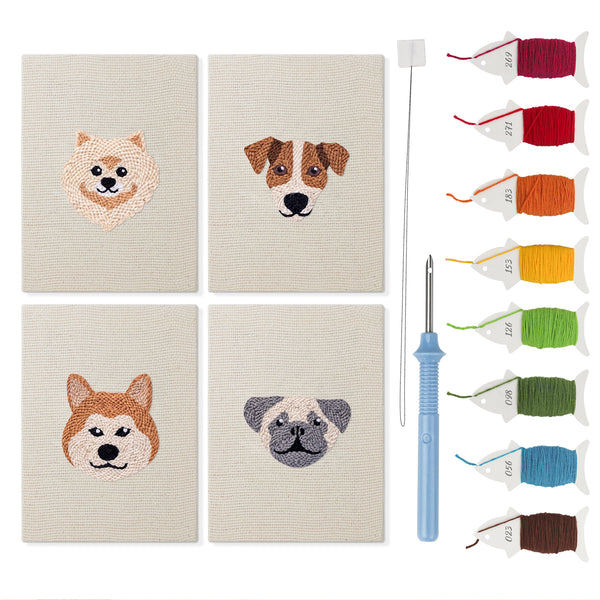 Shiba and Pals mini punch needle kit set: four finished canvases with threads, punch needle and threader