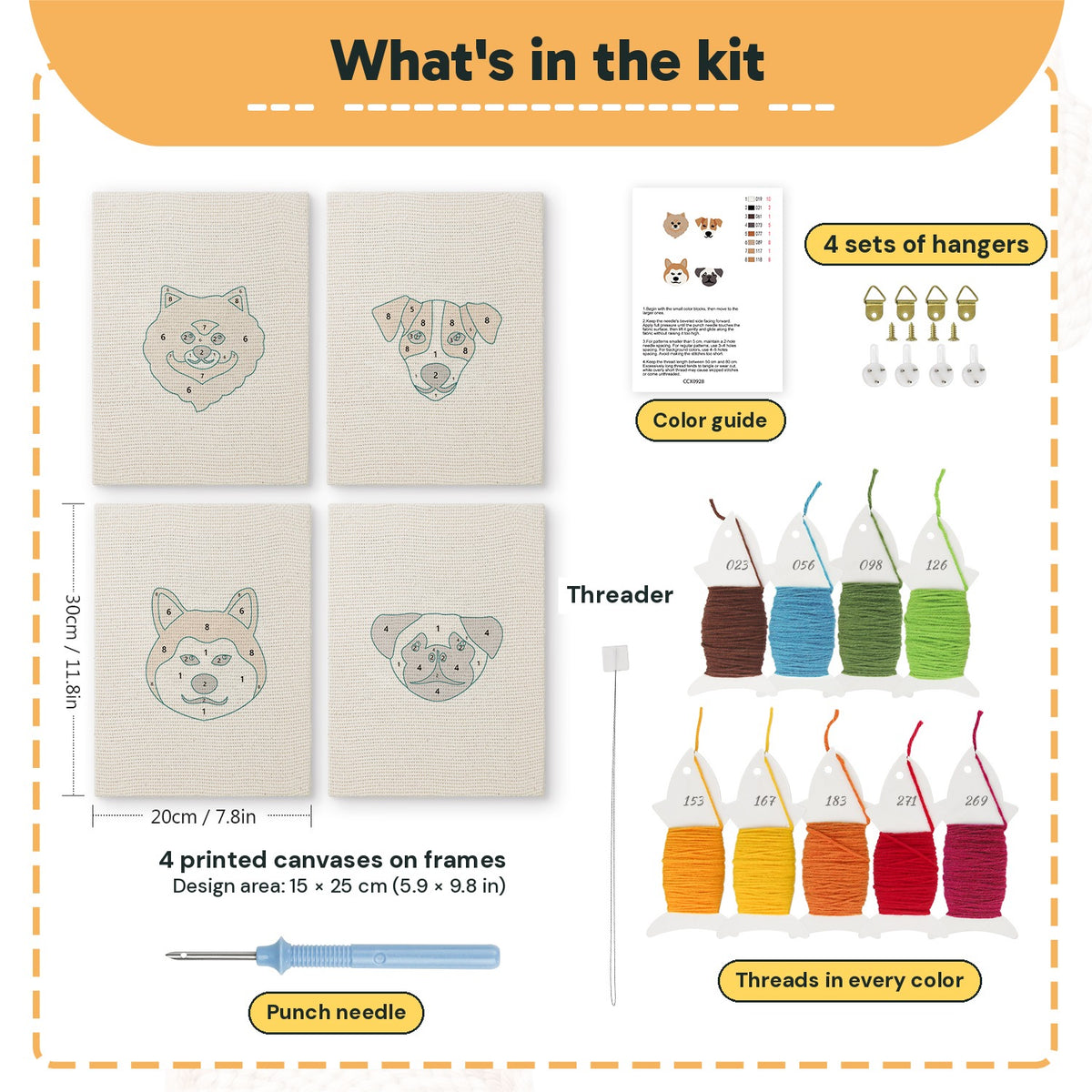 What is in the Shiba and Pals set, 8 × 12 in (20 × 30 cm) each: 4 printed canvases, punch needle, threader, threads, color guide and 4 sets of hangers