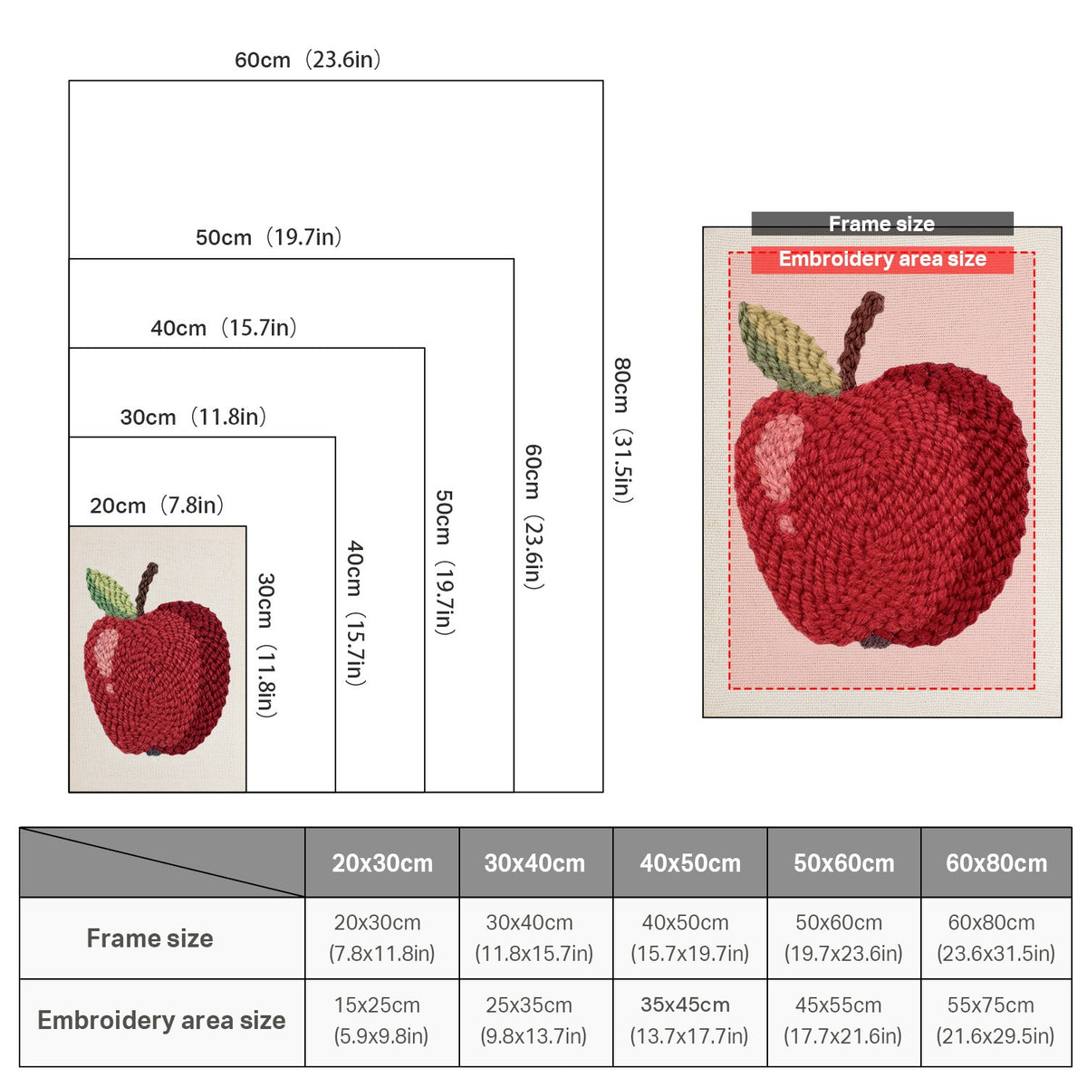 Size chart for punch needle kits from 20 x 30 cm to 60 x 80 cm