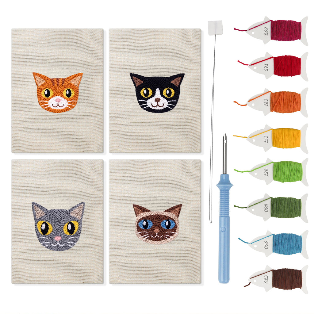 Siamese and Tuxedo mini punch needle kit set: four finished canvases with threads, punch needle and threader