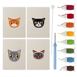 Siamese and Tuxedo mini punch needle kit set: four finished canvases with threads, punch needle and threader