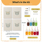 What is in the Siamese and Tuxedo set: 4 printed canvases, punch needle, threader, threads, color guide and 4 sets of hangers (6 × 8 in (15 × 20 cm) each)