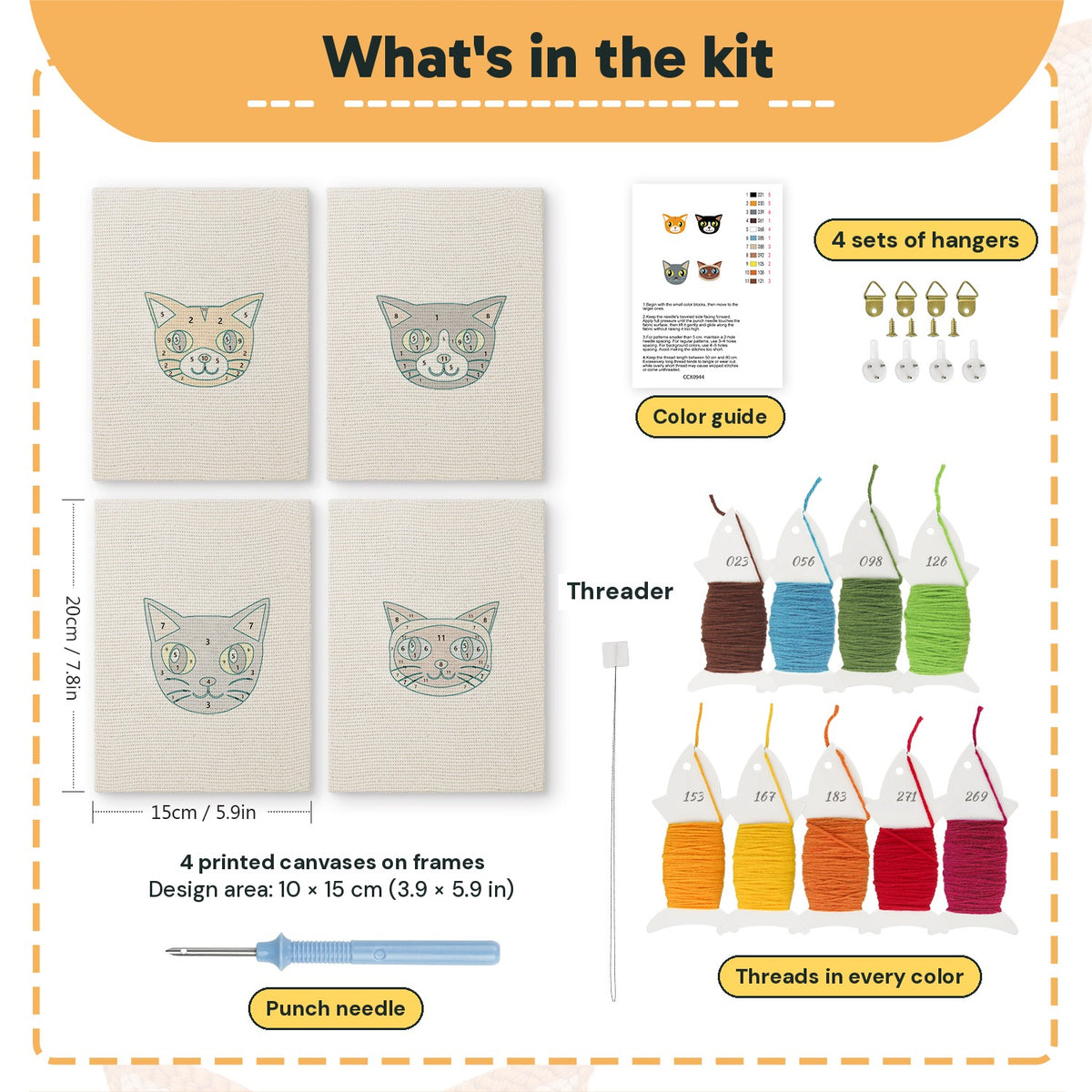 What is in the Siamese and Tuxedo set: 4 printed canvases, punch needle, threader, threads, color guide and 4 sets of hangers (6 × 8 in (15 × 20 cm) each)