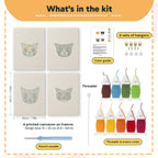 What is in the Siamese and Tuxedo set, 8 × 12 in (20 × 30 cm) each: 4 printed canvases, punch needle, threader, threads, color guide and 4 sets of hangers
