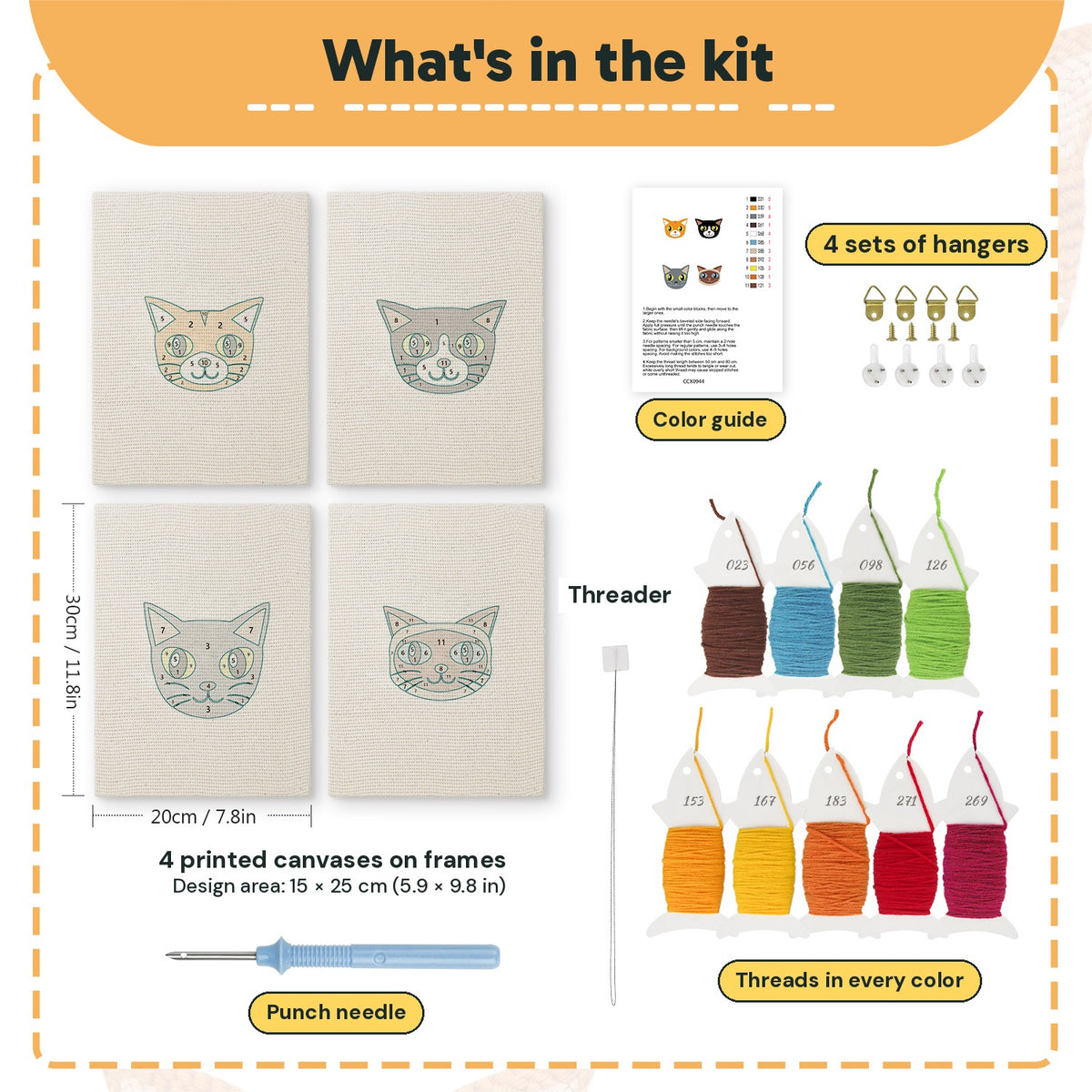 What is in the Siamese and Tuxedo set, 8 × 12 in (20 × 30 cm) each: 4 printed canvases, punch needle, threader, threads, color guide and 4 sets of hangers