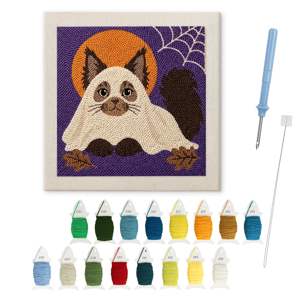 Siamese Cat Ghost punch needle kit: finished canvas with threads, punch needle and threader