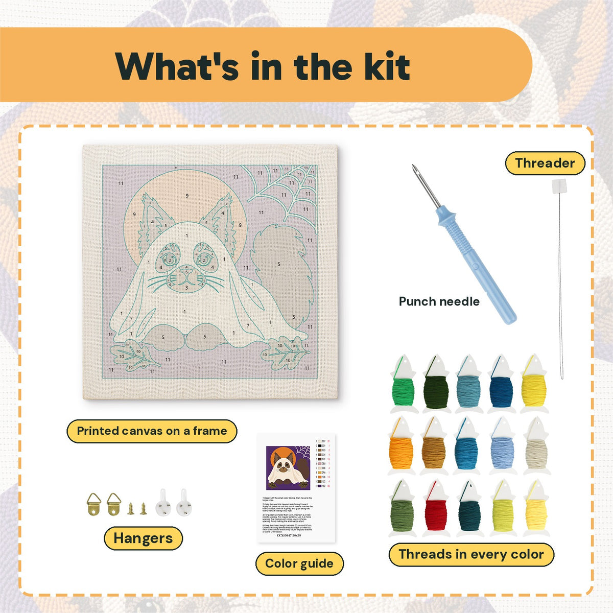 What is in the Siamese Cat Ghost kit: printed canvas, punch needle, threader, threads, color guide and hangers