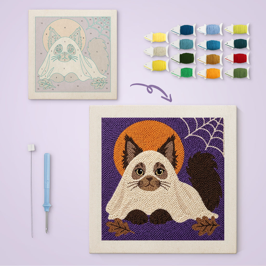 Siamese Cat Ghost canvas before and after punching, with the threads and tools