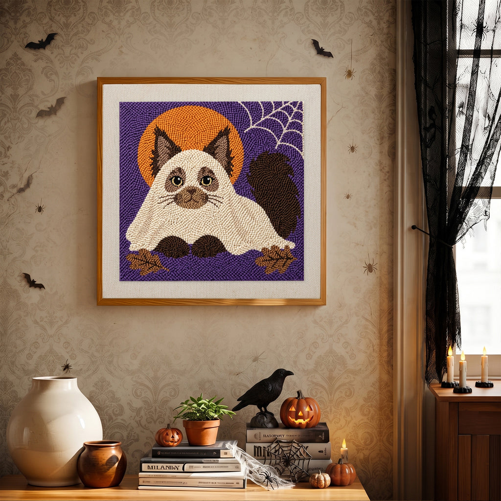 Finished Siamese Cat Ghost punch needle canvas on a wall