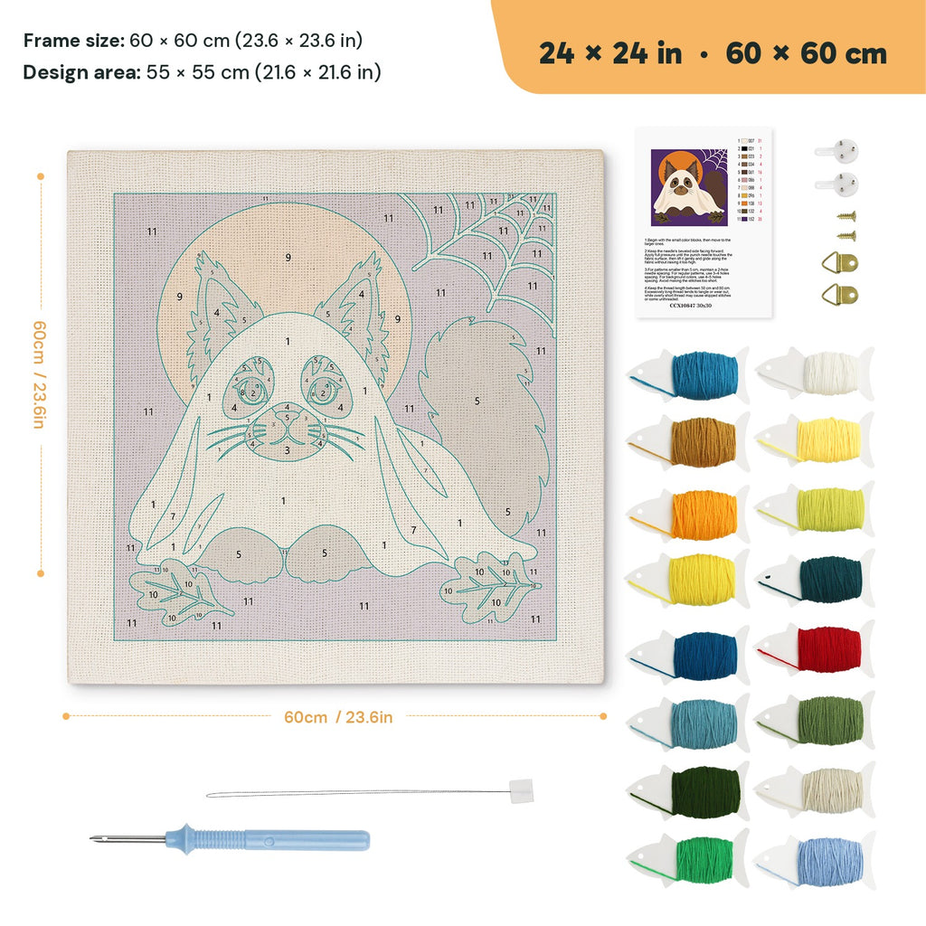 Siamese Cat Ghost punch needle kit, 24 × 24 in (60 × 60 cm): canvas size and kit contents