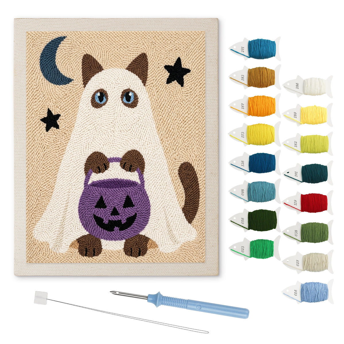 Siamese Ghost with Pail punch needle kit: finished canvas with threads, punch needle and threader