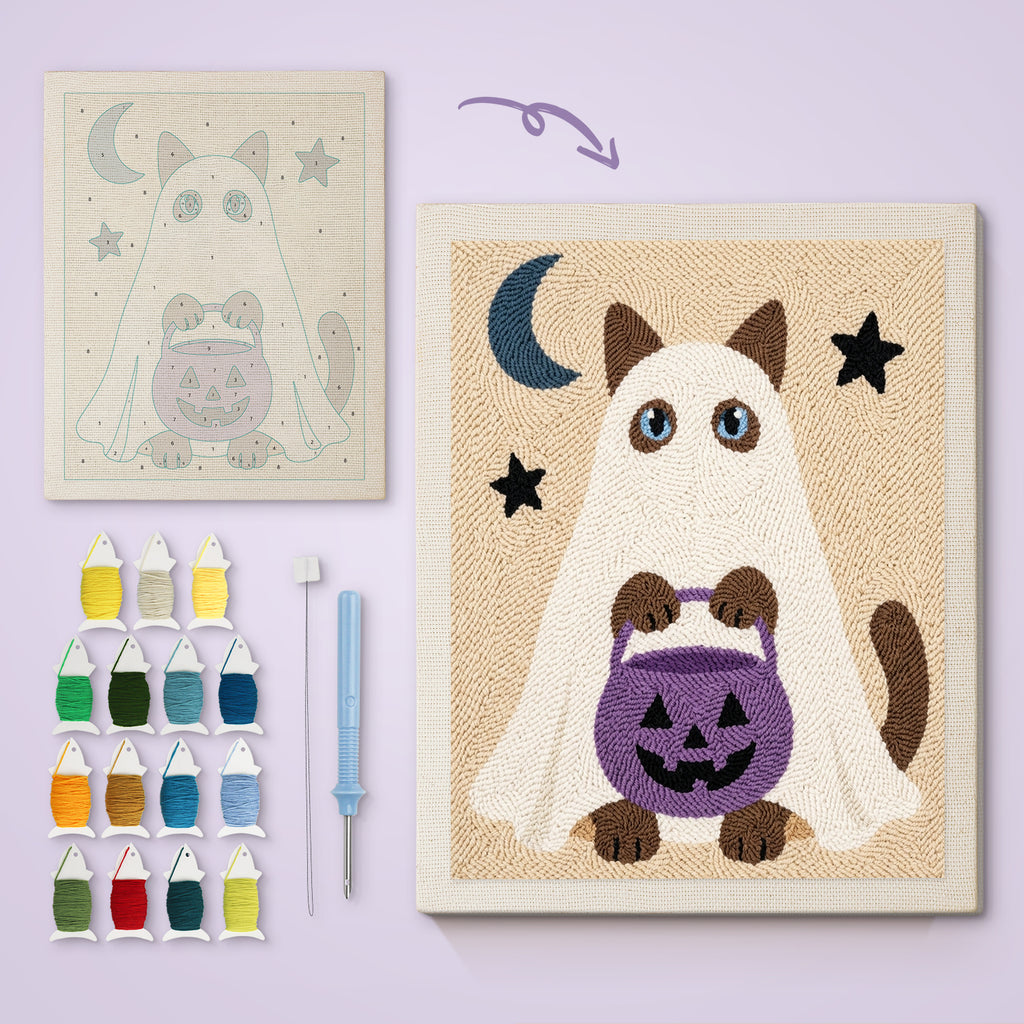 Siamese Ghost with Pail canvas before and after punching, with the threads and tools