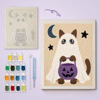 Siamese Ghost with Pail canvas before and after punching, with the threads and tools