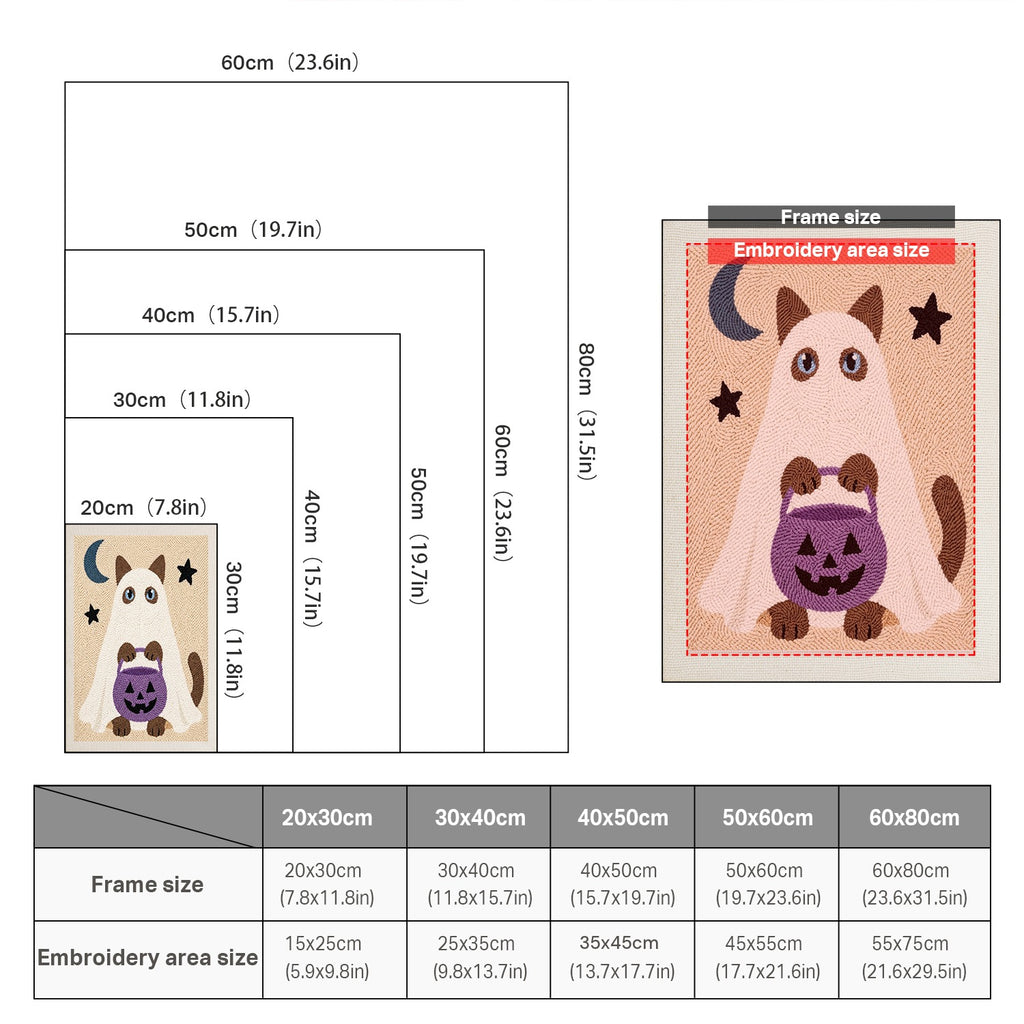 Size chart for punch needle kits from 20 x 30 cm to 60 x 80 cm
