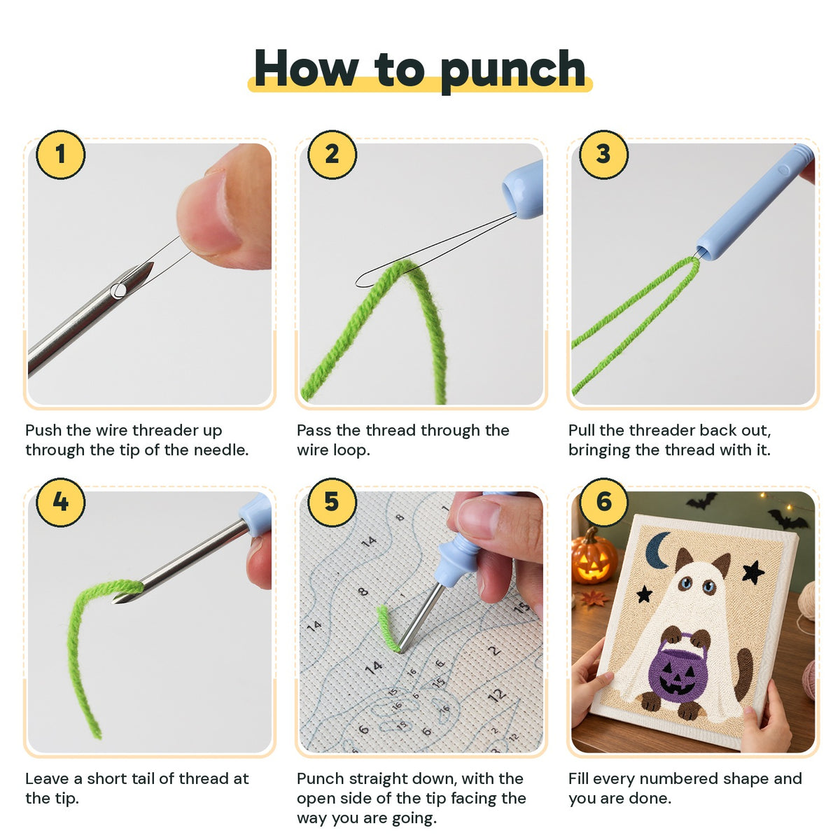 Six steps showing how to thread and use the punch needle