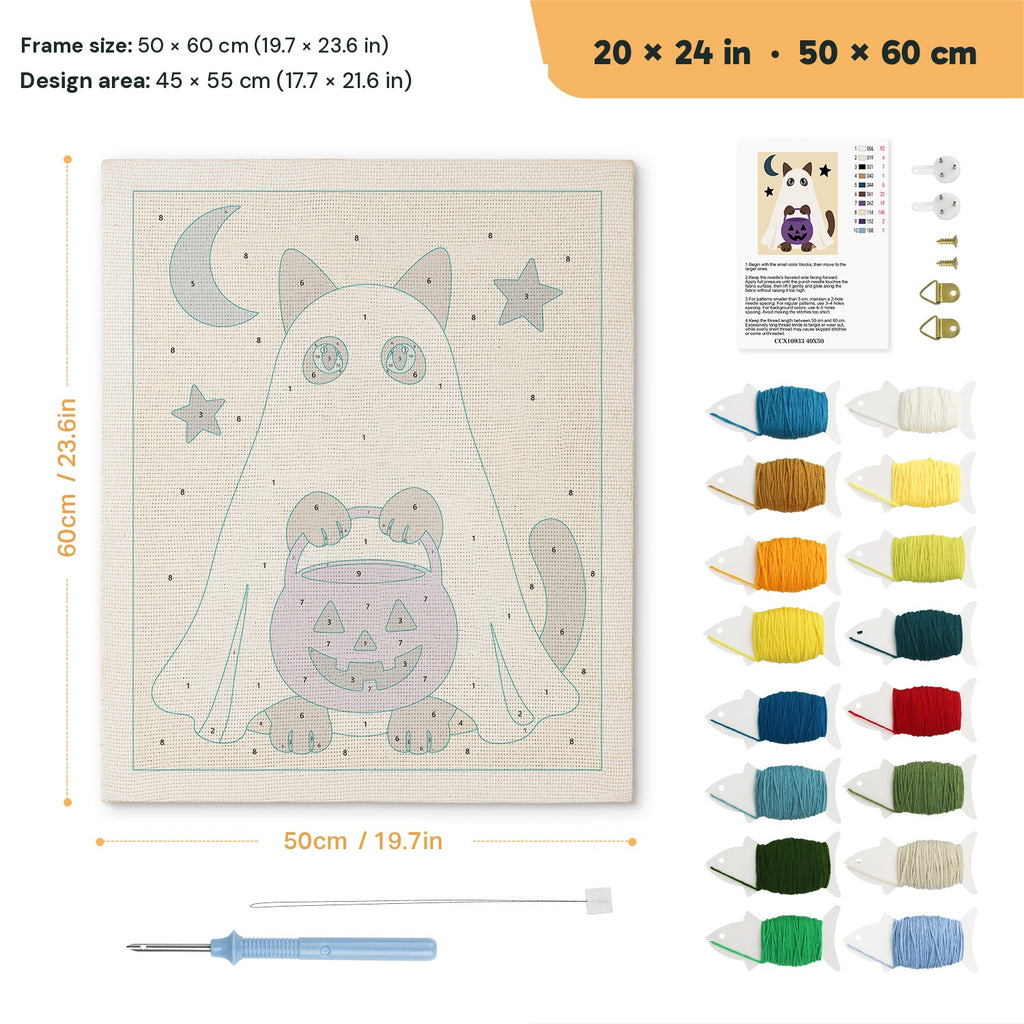 Siamese Ghost with Pail punch needle kit, 20 × 24 in (50 × 60 cm): canvas size and kit contents