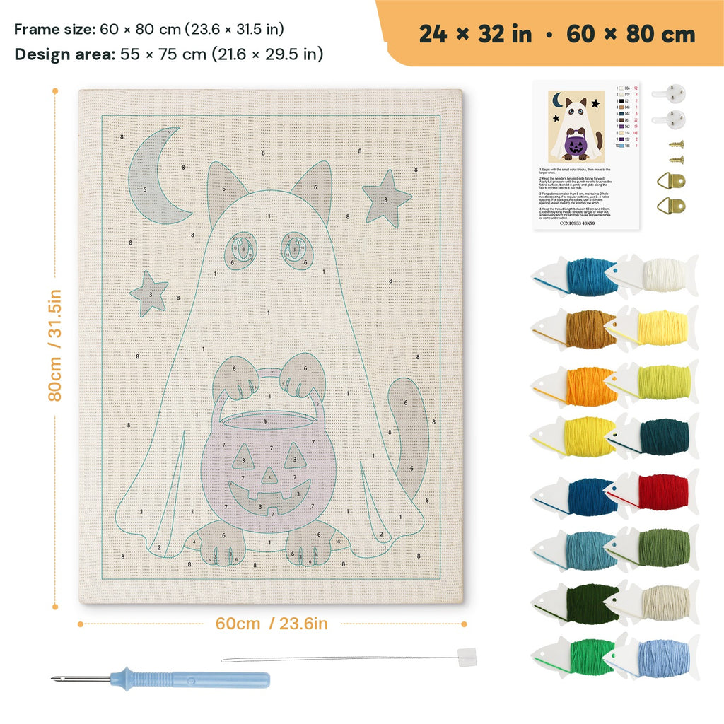 Siamese Ghost with Pail punch needle kit, 24 × 32 in (60 × 80 cm): canvas size and kit contents