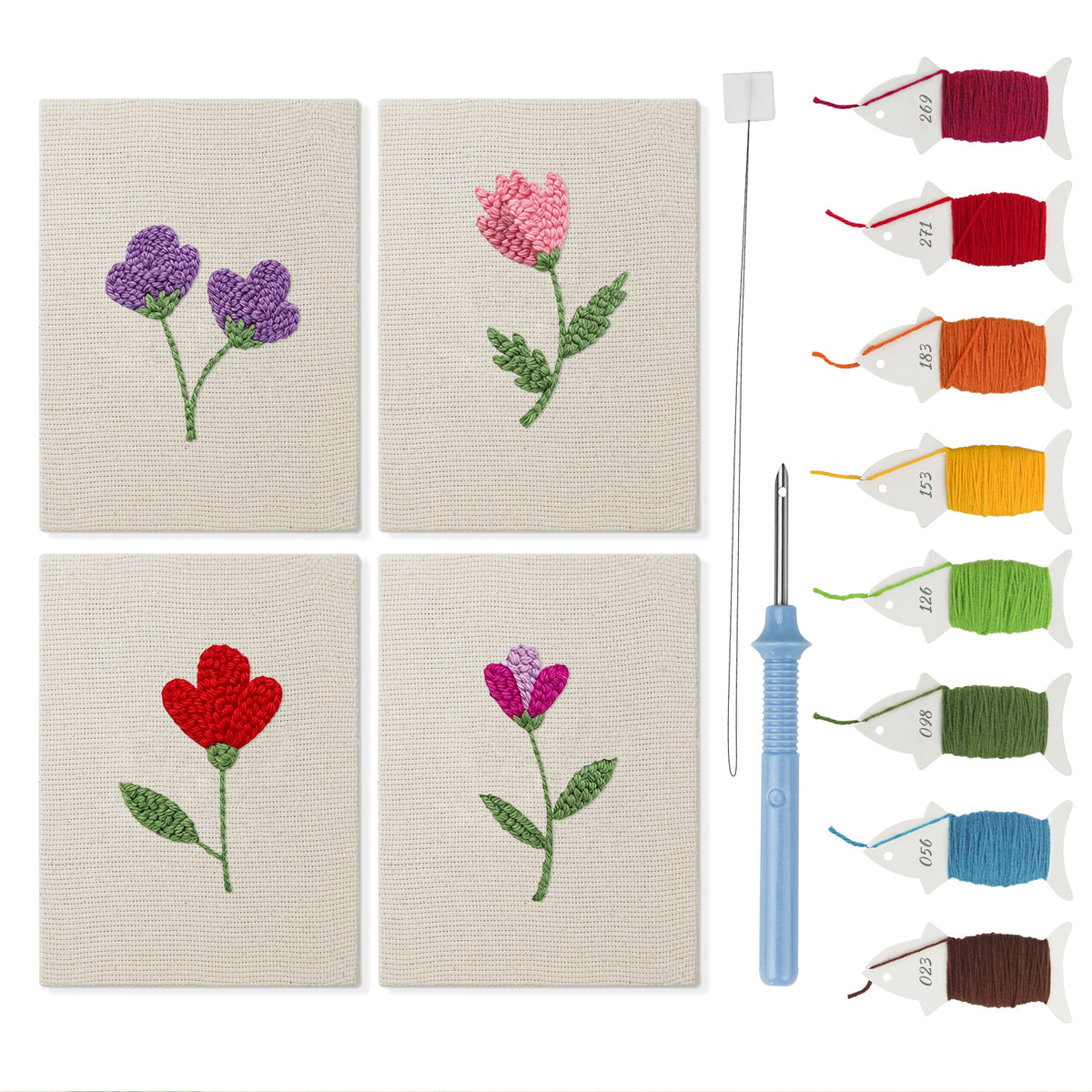 Single Stem Flowers mini punch needle kit set: four finished canvases with threads, punch needle and threader