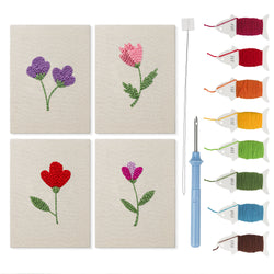 Single Stem Flowers mini punch needle kit set: four finished canvases with threads, punch needle and threader