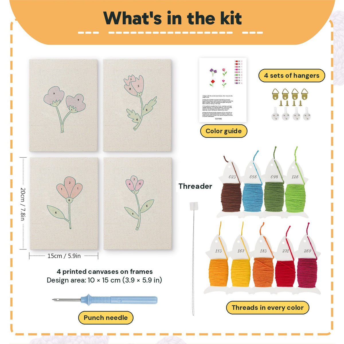 What is in the Single Stem Flowers set: 4 printed canvases, punch needle, threader, threads, color guide and 4 sets of hangers (6 × 8 in (15 × 20 cm) each)