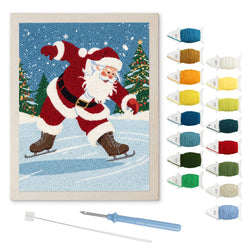 Skating Santa punch needle kit: finished canvas with threads, punch needle and threader