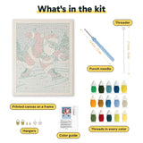 What is in the Skating Santa kit: printed canvas, punch needle, threader, threads, color guide and hangers