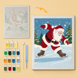 Skating Santa canvas before and after punching, with the threads and tools