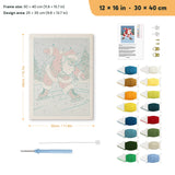 Skating Santa punch needle kit, 12 × 16 in (30 × 40 cm): canvas size and kit contents