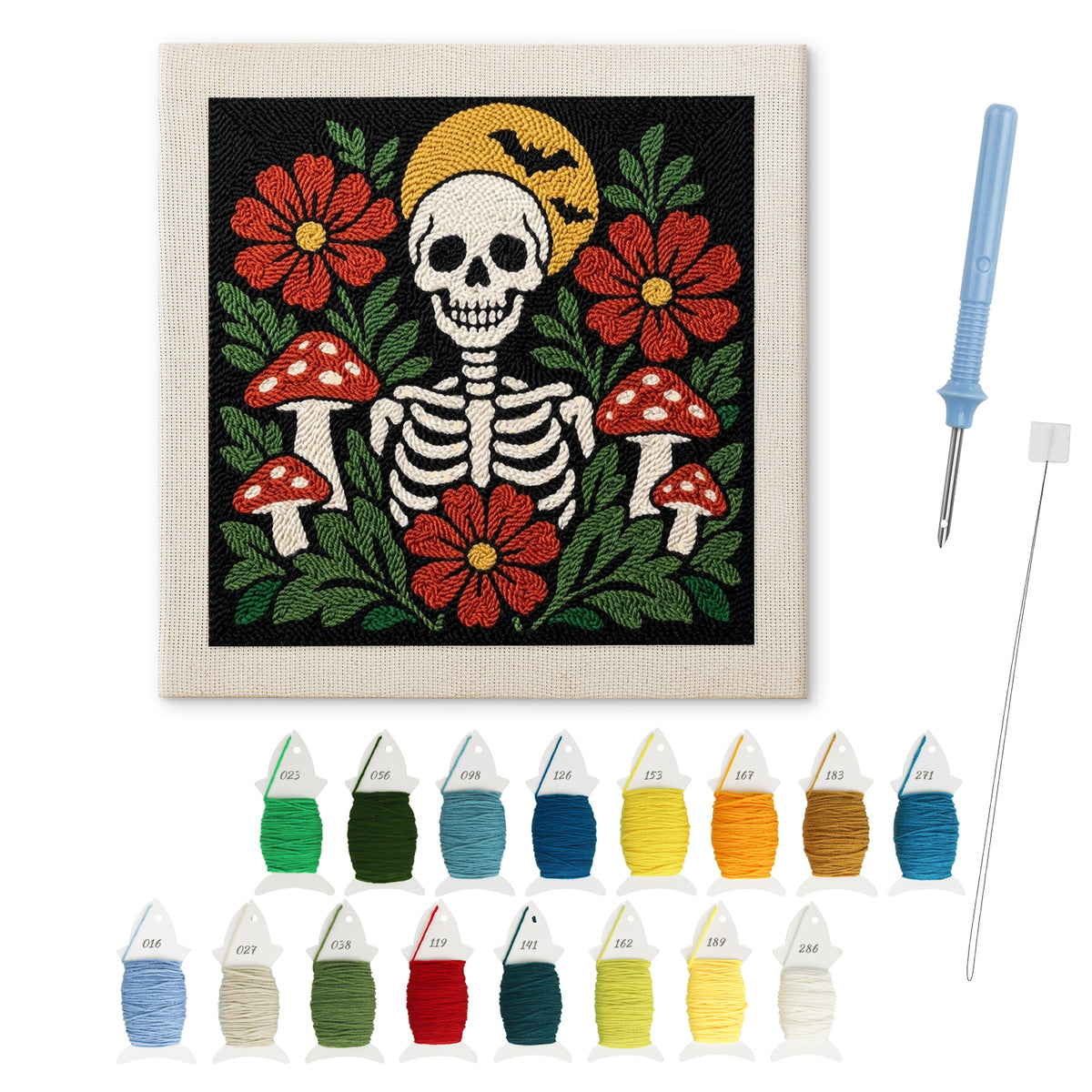 Skeleton and Toadstools punch needle kit: finished canvas with threads, punch needle and threader