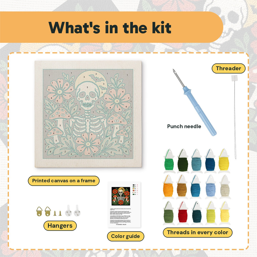 What is in the Skeleton and Toadstools kit: printed canvas, punch needle, threader, threads, color guide and hangers