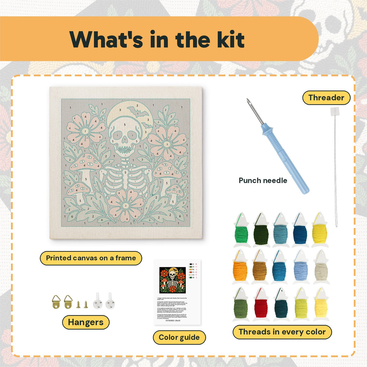 What is in the Skeleton and Toadstools kit: printed canvas, punch needle, threader, threads, color guide and hangers