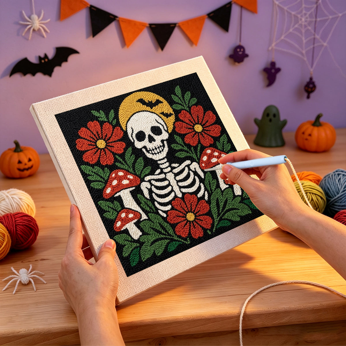 Punching the Skeleton and Toadstools design with the punch needle